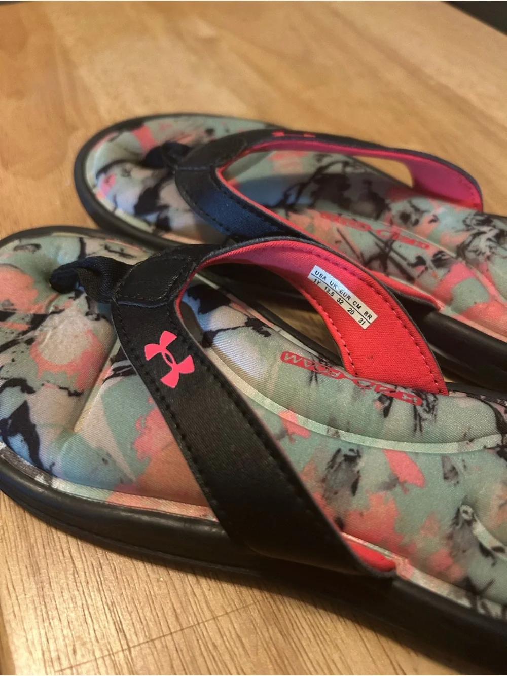 Under Armour Kids Black Strap Mint & Pink Floral Flip-Flops